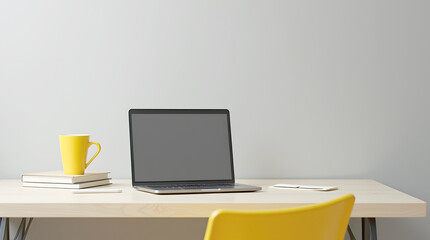 A minimalist home office desk features a laptop with a blank screen, a bright yellow mug, and stacked books, offering a clean and functional workspace