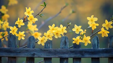 Vibrant Yellow Flowers Blooming on Rustic Wooden Fence in Springtime Garden