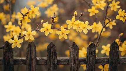 Vibrant Yellow Flowers Blooming Over Rustic Wooden Fence in Spring