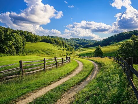 Scenic country road through lush green hills