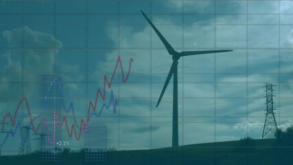 Over grid overlay, wind turbine with power towers charting red and blue lines marking energy output - Powered by Adobe