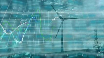 Grid overlay appearing, wind turbine spinning and charts fluctuating to visualize energy metrics - Powered by Adobe