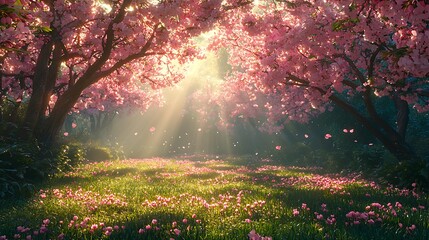 Enchanting Sunlit Cherry Blossom Grove Spring Meadow with Falling Petals Dreamy Landscape