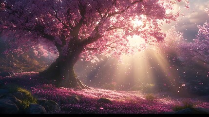 Enchanting Sunlit Cherry Blossom Tree Pink Petals Falling Magical Spring Landscape
