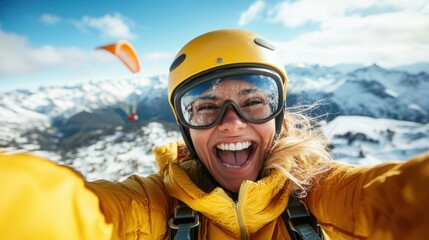 A thrilled woman dressed in yellow winter gear captures her joyful experience snowboarding against a breathtaking mountain backdrop, celebrating adventure and freedom.