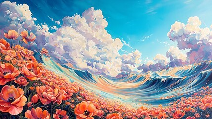 Surreal Ocean Wave Crashing Over Vibrant Orange Poppy Field Under a Cloudy Sky