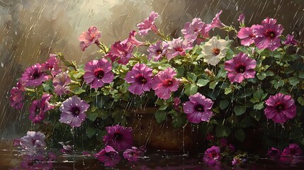 Vibrant Petunias in the Rain A Stunning Floral Painting of Purple and White Blooms