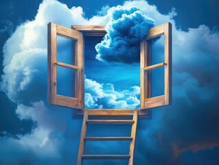 A wooden window opens to a sky full of clouds