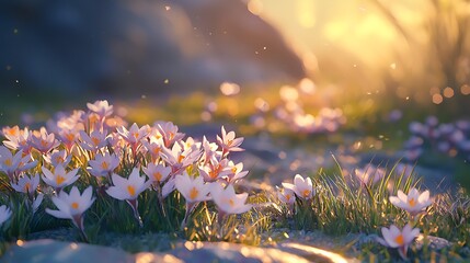 Serene Springtime Crocus Meadow at Golden Hour Delicate Pastel Blossoms in Sunlight