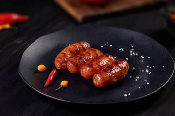 Grilled homemade sausage, with evas, pepper and garlic, on a matte black plate on a wooden board.