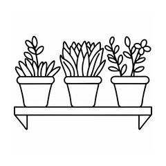 Three potted plants on a shelf line art drawing black and white