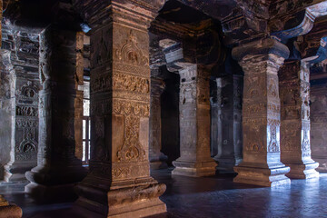Interior of Ancient Carved Stone Temple Hall