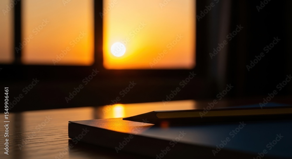 Poster pencil rests on a notebook with a sunset visible through a window