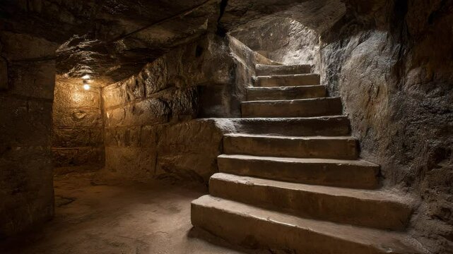 Exploring ancient underground steps in a historic stone structure