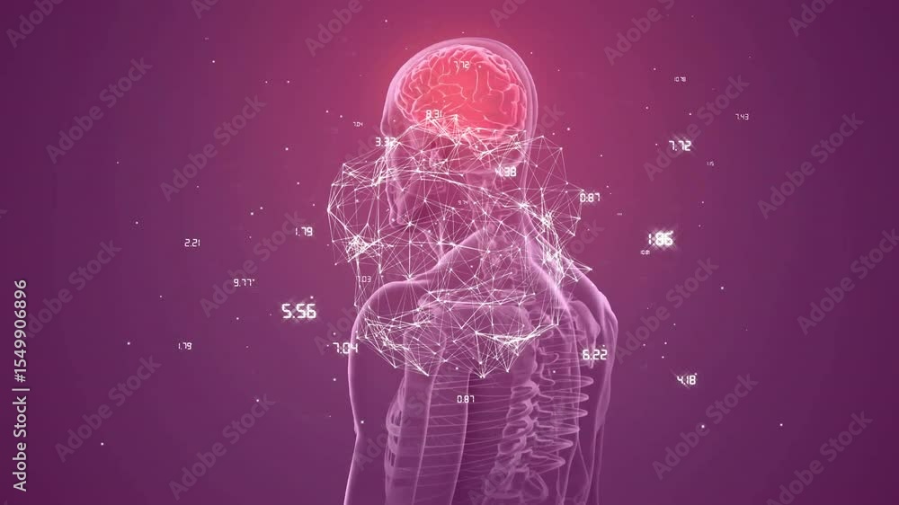 Poster clear skeleton revealing brain while mesh growing, rotating and fragmenting numeric data for study
