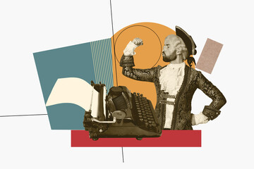 Pop zine 3d artwork collage of serious old-fashioned historic duke poet man stand retro typewriter...