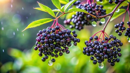 A cluster of dark berries hanging from a branch, glistening with raindrops in soft sunlight