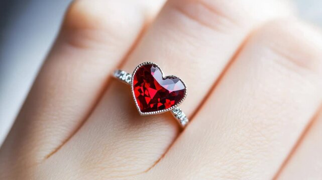 Beautiful heart shaped ruby ring showcased on elegant hand