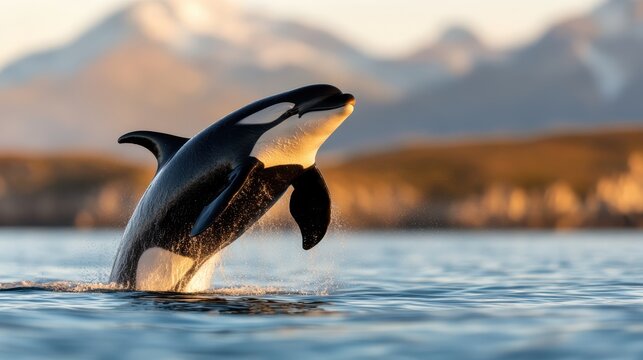 An orca whale breaching the surface of a serene ocean, set against a backdrop of mountains, capturing the beauty and grace of marine life in its natural habitat.
