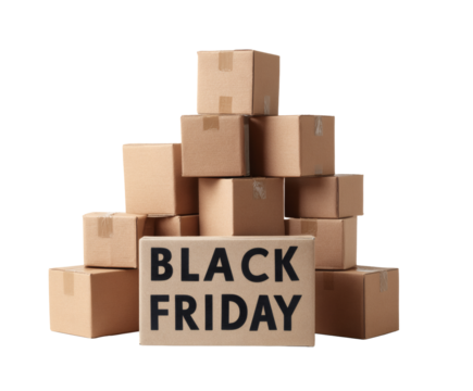 Black Friday concept featuring a stack of cardboard boxes with the words 'Black Friday'.