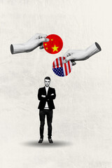 Composite image montage trend 3D collage of young man stand hand showing amerixan chinese flag...