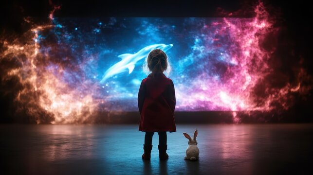 A child stands captivated in front of a vibrant, cosmic display of a dolphin, reflecting the wonder of imagination and creativity in an artistic interpretation of dreams.