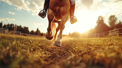 A joyful rider enhances the beauty of nature, galloping atop a majestic horse at sunset. The vibrant colors evoke freedom, adventure, and connection with the earth.