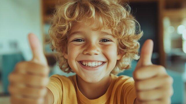 A happy young boy with curly hair flashes a big smile and gives two thumbs up, perfectly capturing the essence of joy and positivity in a charming indoor setting.