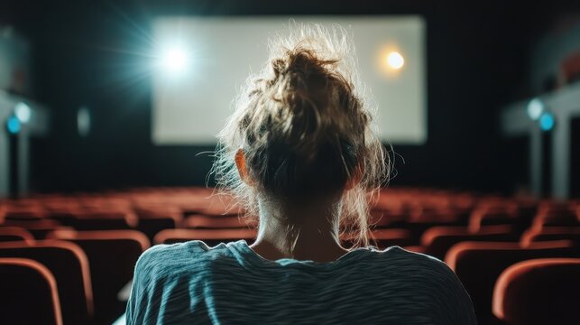 A lone figure sits in a dark cinema, facing a bright screen with a subtle glow. The atmosphere conveys anticipation and excitement for the film being shown.