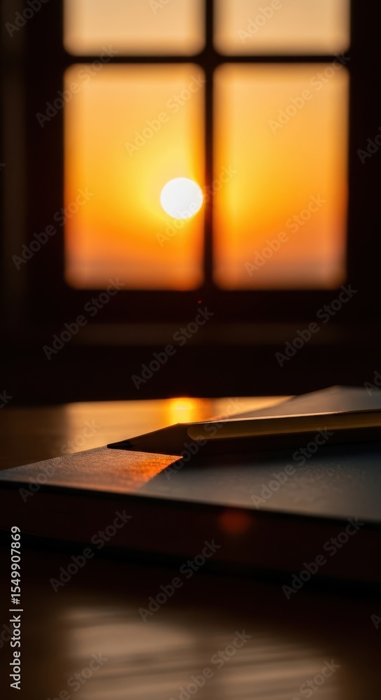 Aufkleber a notebook and pencil rest on a desk in front of a window with a vibrant sunset