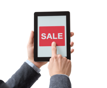 Hand touching a tablet screen with the word sale, promoting an online deal.