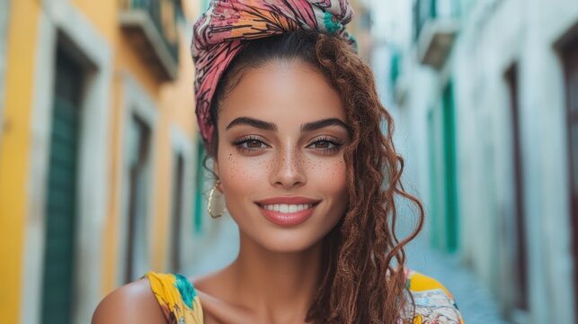 A joyful woman with beautiful curls and a colorful headscarf smiles radiantly against a backdrop of quaint urban streets, reflecting warmth, culture, and confidence in her looks.