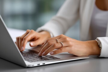 Womans hands typing on a laptop jewelry visible wearing white