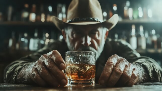 A mature man in a cowboy hat gazes thoughtfully at a glass of whiskey, suggesting deep contemplation and the passage of time in a dimly lit bar environment.