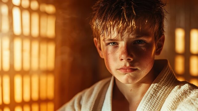 A young martial artist stares fiercely into the camera, embodying determination and focus within a warm, atmospheric dojo, symbolizing discipline and hard work.