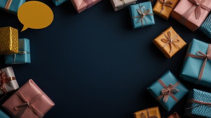 An arrangement of colorful wrapped gifts with an empty speech bubble above invites thoughts of celebration, surprise, and joyous occasions in a festive atmosphere.