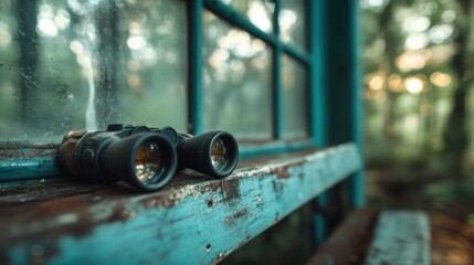 Binoculars left resting on a rustic blue bench in a serene forest setting emphasize exploration, nature, and adventure, creating a nostalgic ambiance.