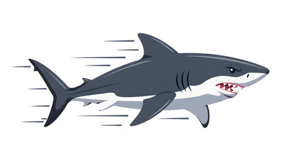 Obraz premium A fierce great white shark swims swiftly, its jaws agape, against a white background.