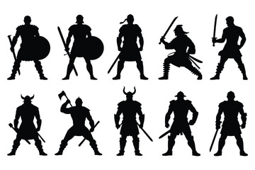Ten Black Silhouettes of Warriors with Swords and Axes