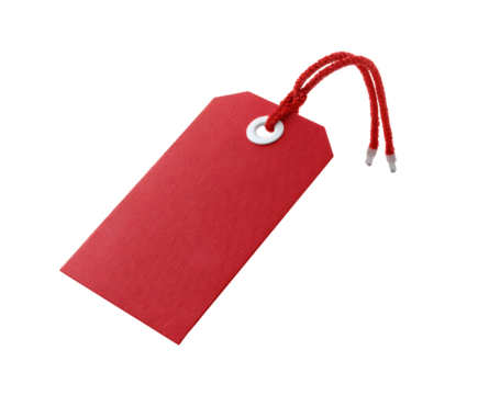 A vibrant red tag, ready for use, with a textured surface and a hanging string against a black backdrop.