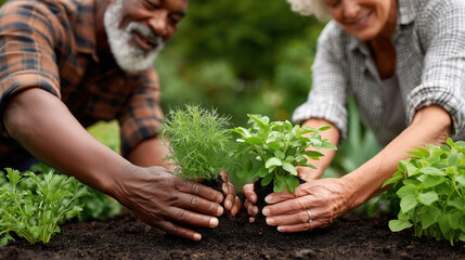 Senior couple engaged in gardening, planting fresh herbs together in rich soil, surrounded by vibrant greenery, showcasing teamwork and connection with nature