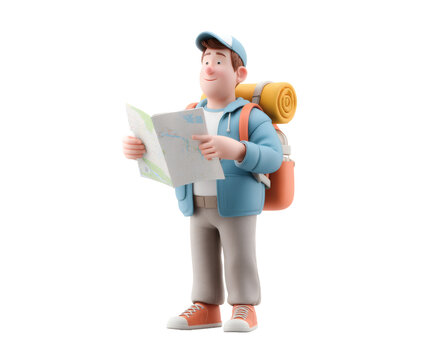 Cheerful cartoon hiker studies a map, ready for an exciting adventure journey.