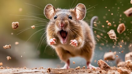 A dynamic close-up of a mouse joyfully running with its mouth open, surrounded by flying earth debris, capturing the spirit of excitement and vitality found in nature.