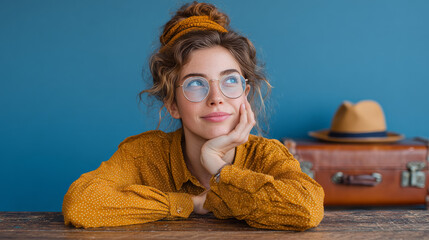 A cheerful office employee sits at their desk, lost in thoughts of an upcoming getaway, daydreaming about a holiday escape with ample space for text
