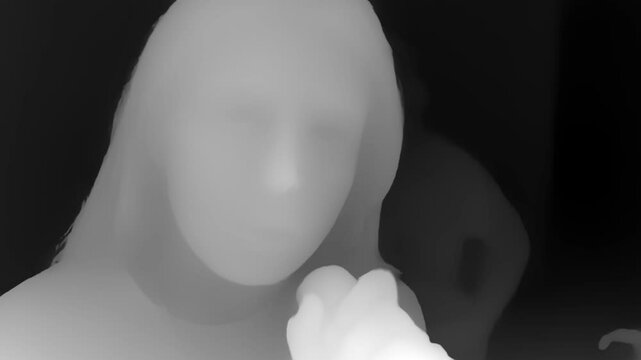Grayscale depth map rendering of a person singing into a microphone, showing varying distances through gradient shading in a side profile pose.