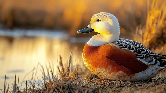 ruddy shelduck close-up at ladakh wetlands sunset video