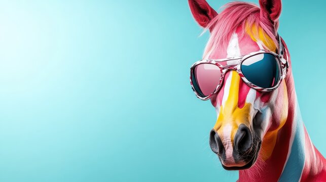 A whimsical image of a horse painted in vibrant colors wearing stylish sunglasses, set against a solid turquoise backdrop, conveying fun and creativity.