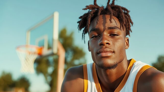 A focused young male basketball player poses in front of a hoop, showcasing dedication and passion for the game against a backdrop of a clear blue sky.