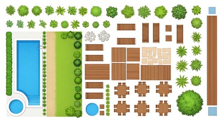 Top view illustration of a beautiful swimming pool and garden layout design elements