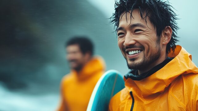 A joyful man smiling broadly in the rain while holding a surfboard, embodying the spirit of adventure and excitement, with wet hair and a vibrant yellow jacket enhancing his enthusiasm.